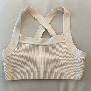 HOUSE OF HARLOW- Women's Cream Ribbed Cross-Back crop top